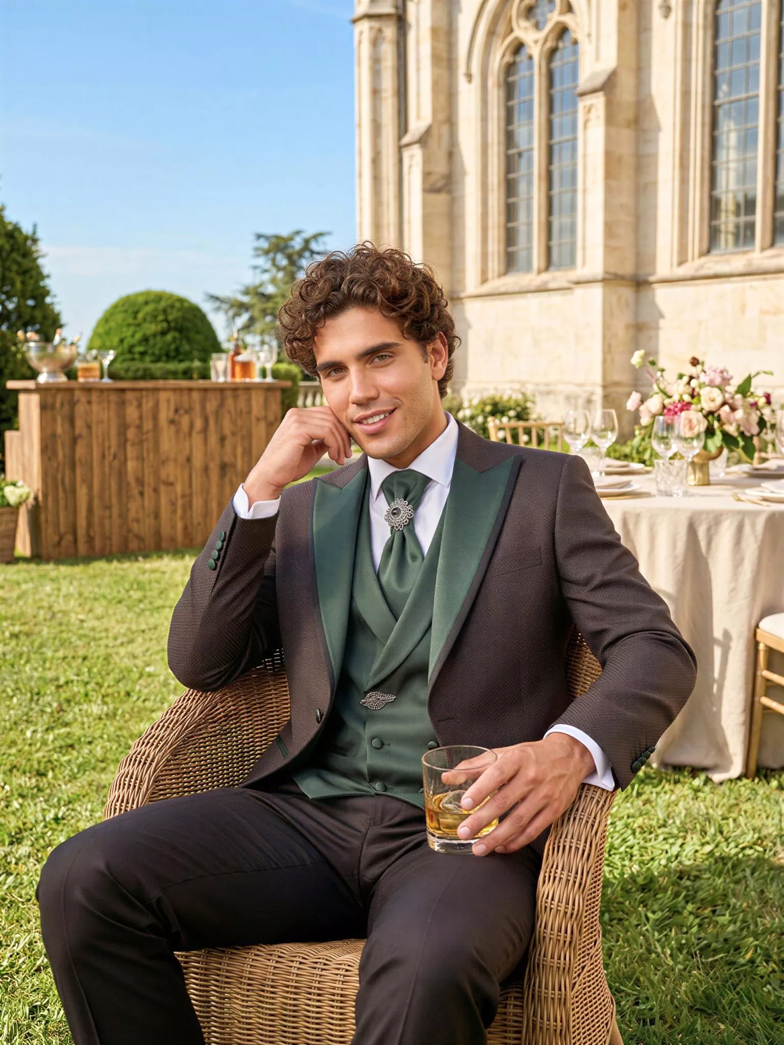 Traje de novio Aldrich, pose sentado, color marrón y verde , esmoquin de ceremonia, Atelier Masculini