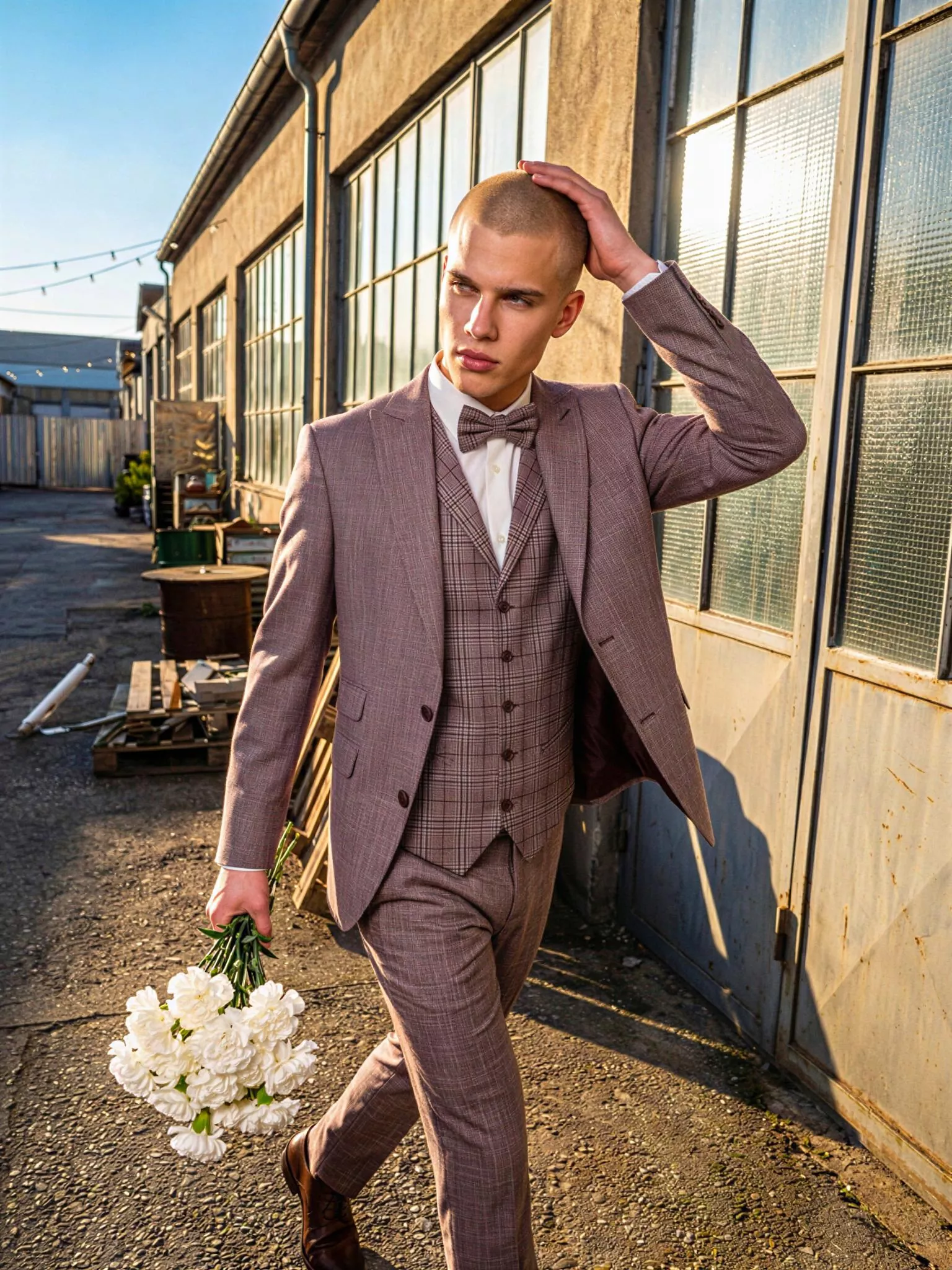 Traje de novio Meliodas, pose caminando, color marrón , estilo clásico, Atelier Masculini
