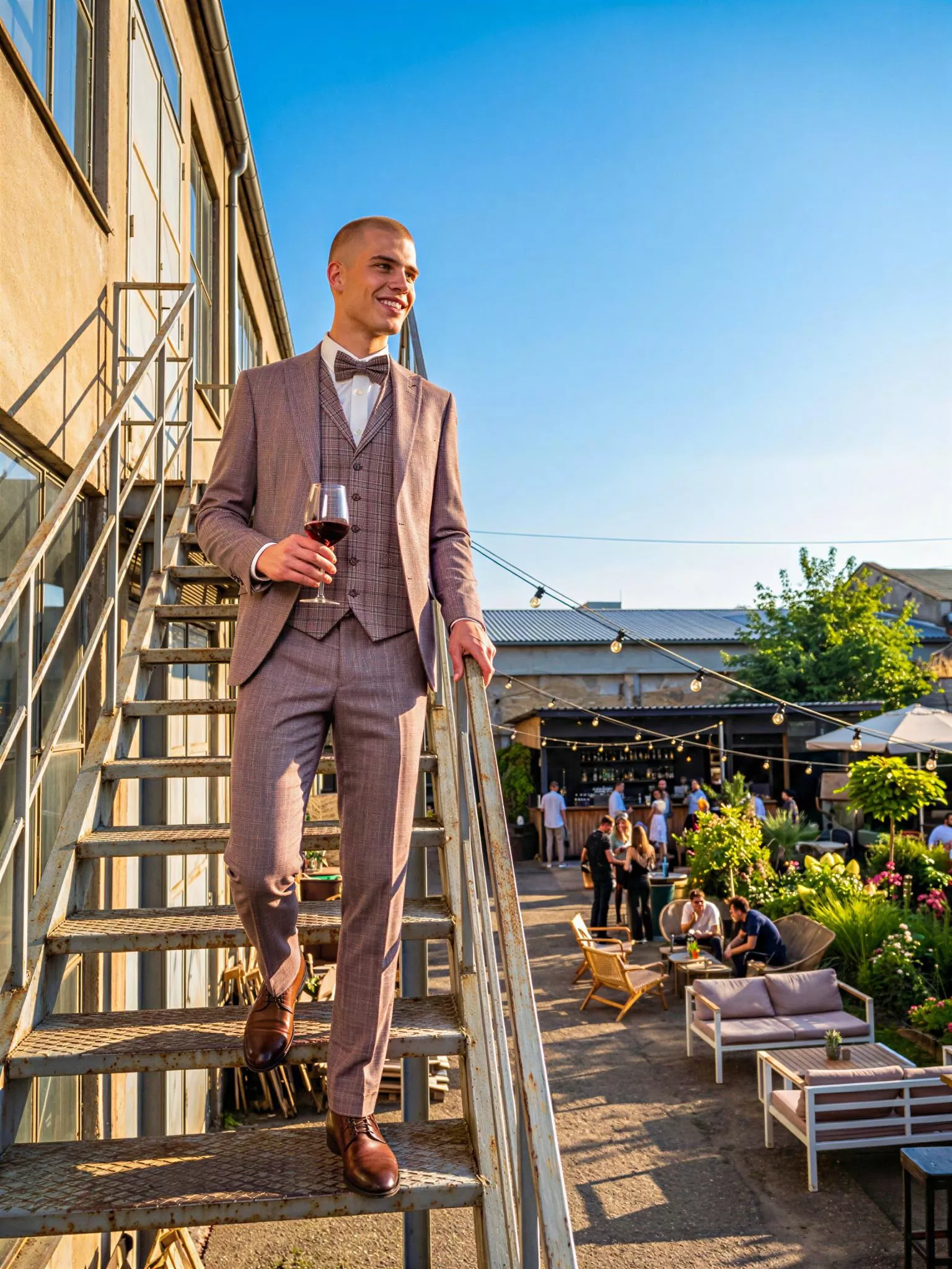 Traje de novio Meliodas, pose escalera, color marrón , estilo clásico, Atelier Masculini